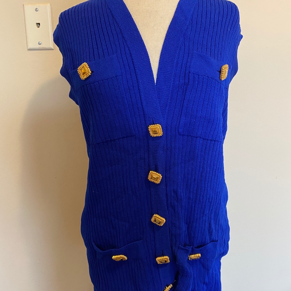 St. John Knit Blue Sweater Vest with Gold Buttons